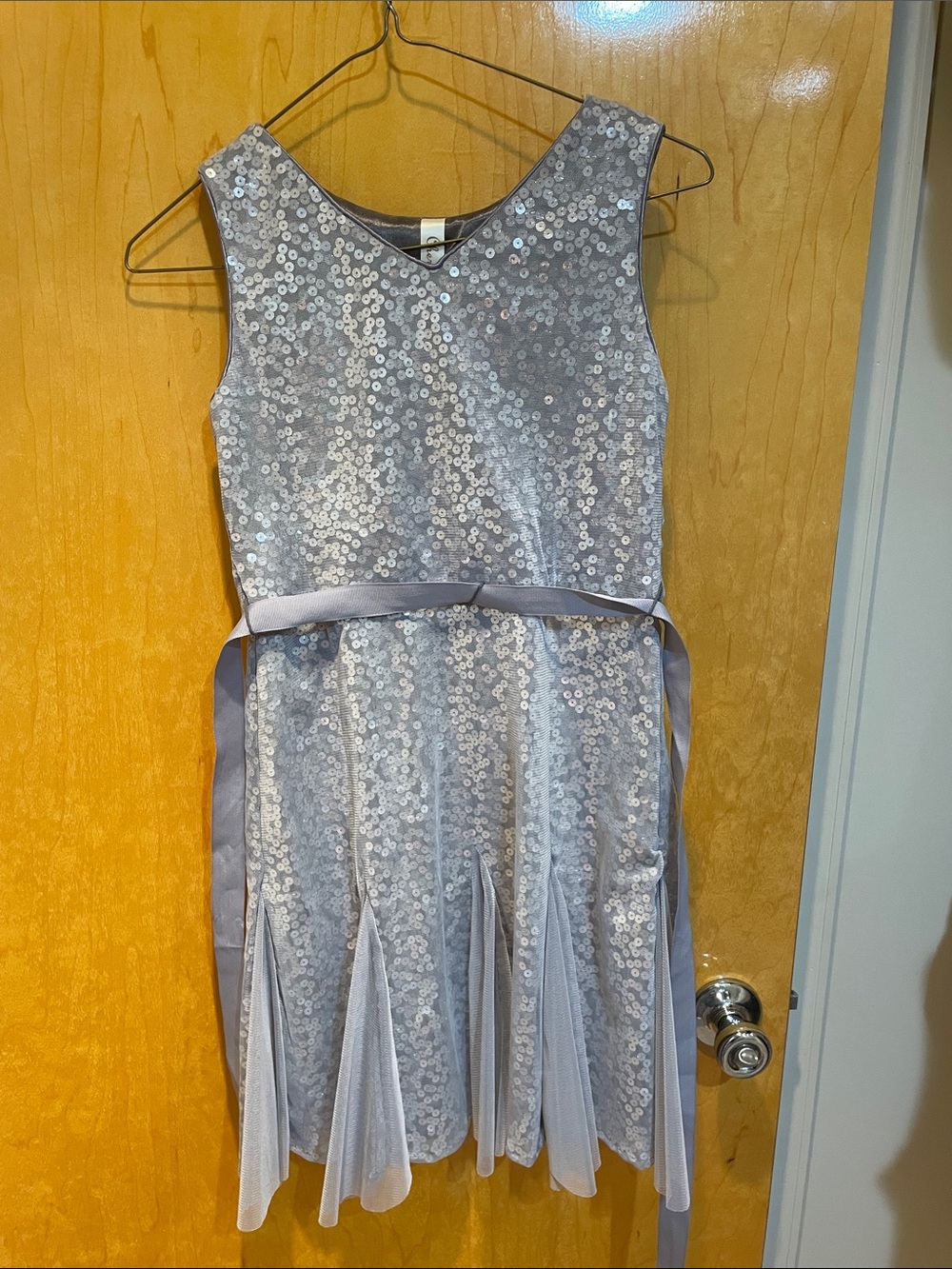 Girls Silver Sequin Party Dress with Tie Waist